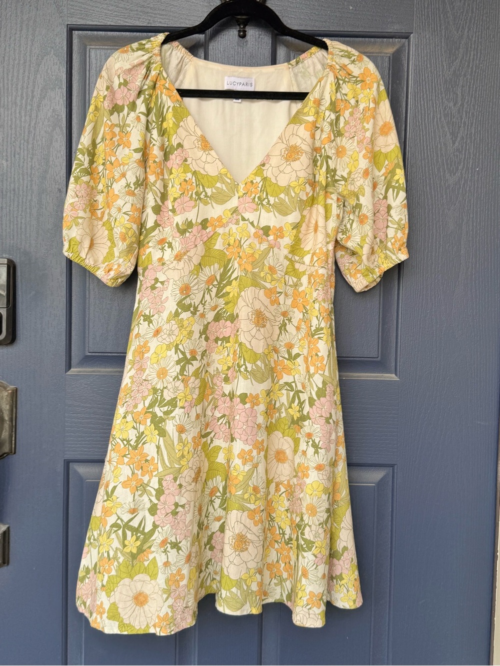 Lucy Paris Pastel Floral V-Neck Puff Sleeve Mini Dress in Light Green & Pink